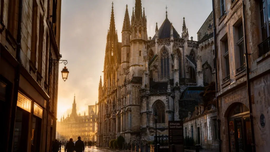 Abbatiale saint ouen à Rouen, vue extérieure golden hour