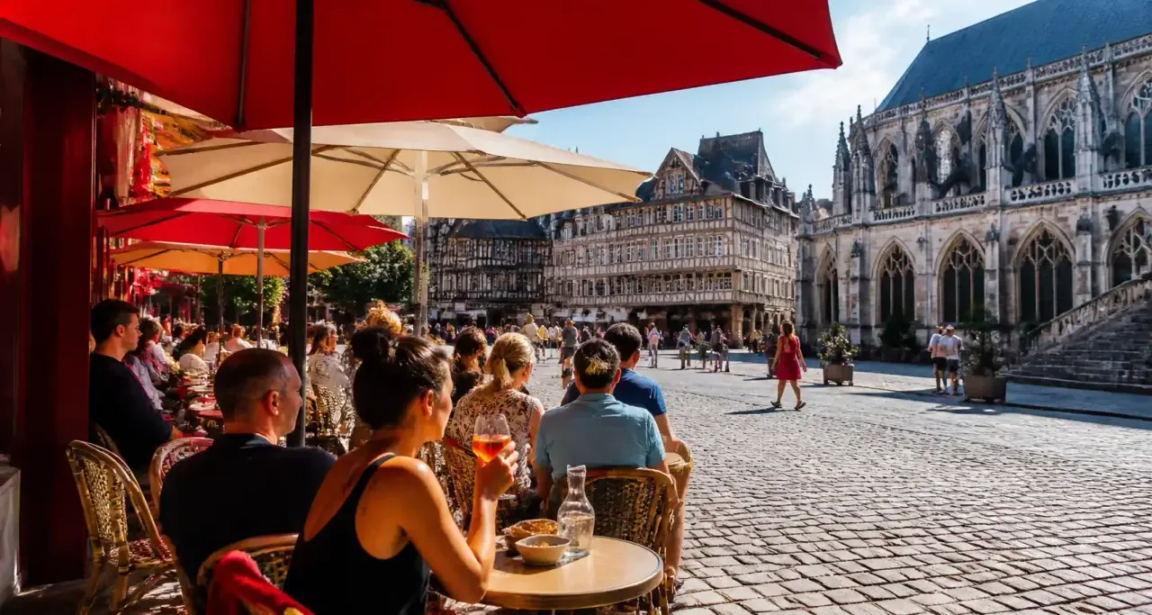 Terrasse de café sur une place historique de Rouen