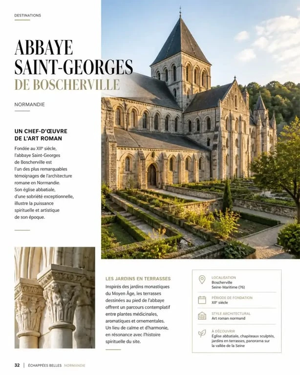 Vue panoramique de l'abbaye Saint-Georges de Boscherville et ses jardins monastiques en Normandie