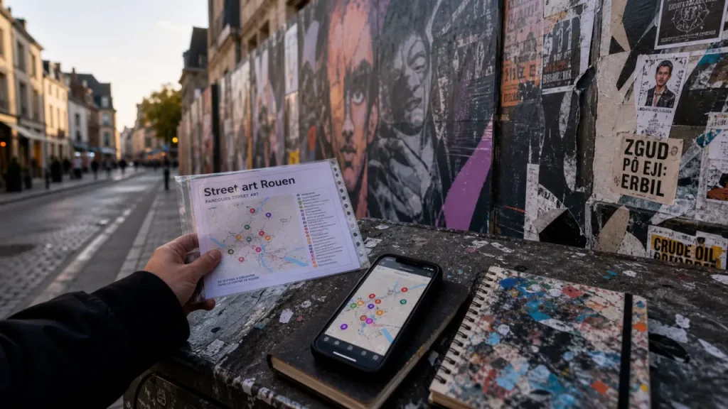 Street art Rouen : carte sur téléphone et fresque fraîche sur mur