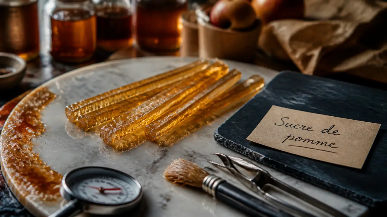 Sucre de pomme rouen : bâtonnets de sucre translucides sur marbre