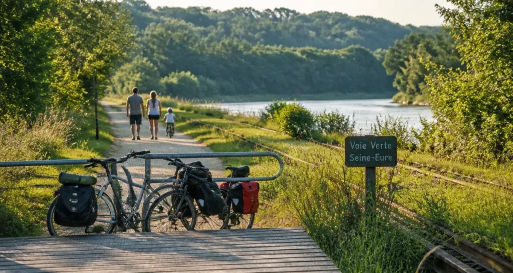 Voie verte eure : passerelle en bois et vélos sur la voie verte