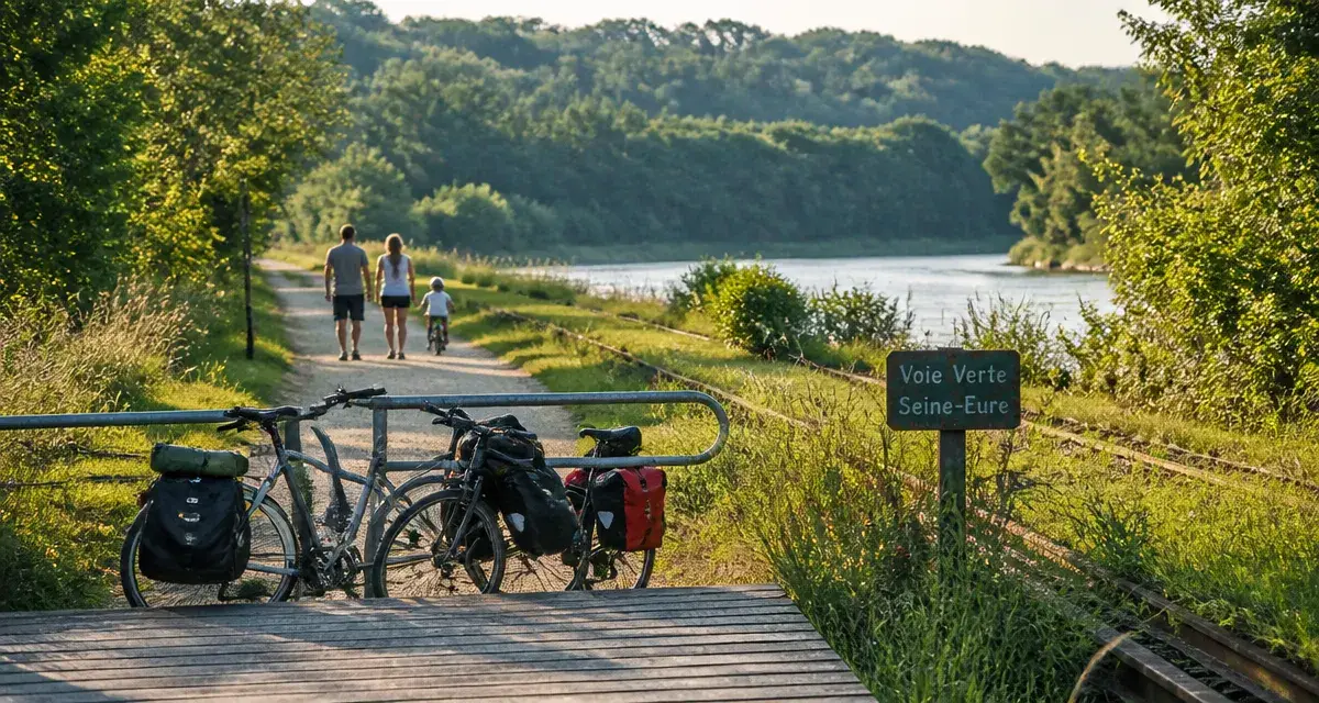 Voie verte de l'Eure : passerelle en bois et vélos
