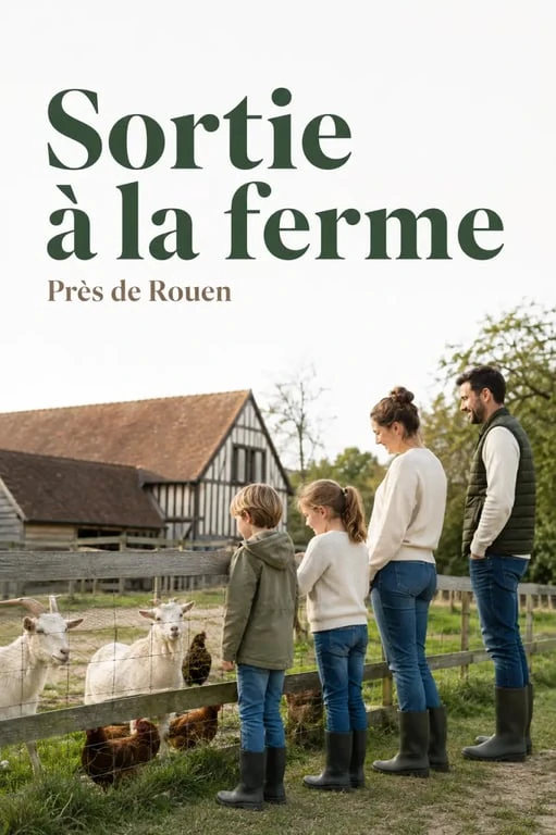 Ferme a visiter rouen : famille en visite dans une ferme pédagogique près de Rouen avec animaux et bâtiments normands