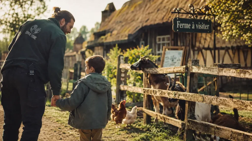 Ferme a visiter Rouen : enfant avec animateur près d’enclos, chèvres et poules