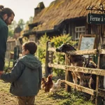 Ferme a visiter Rouen : enfant avec animateur près d’enclos, chèvres et poules