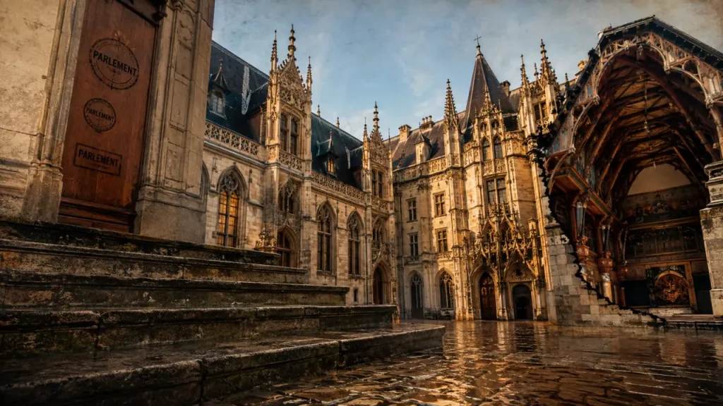 Palais de justice de Rouen histoire, façade gothique flamboyante et cour d’honneur