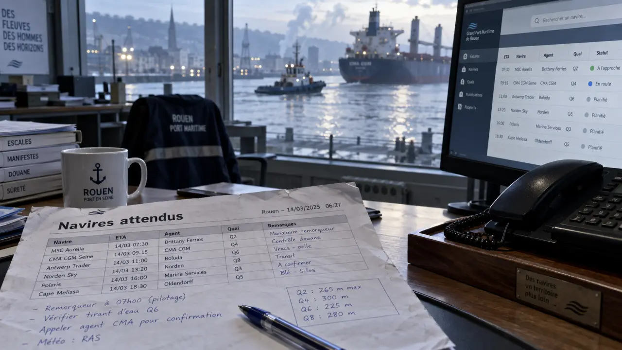 Port de Rouen navires attendus : ETA, statut et quai au bureau de consignation