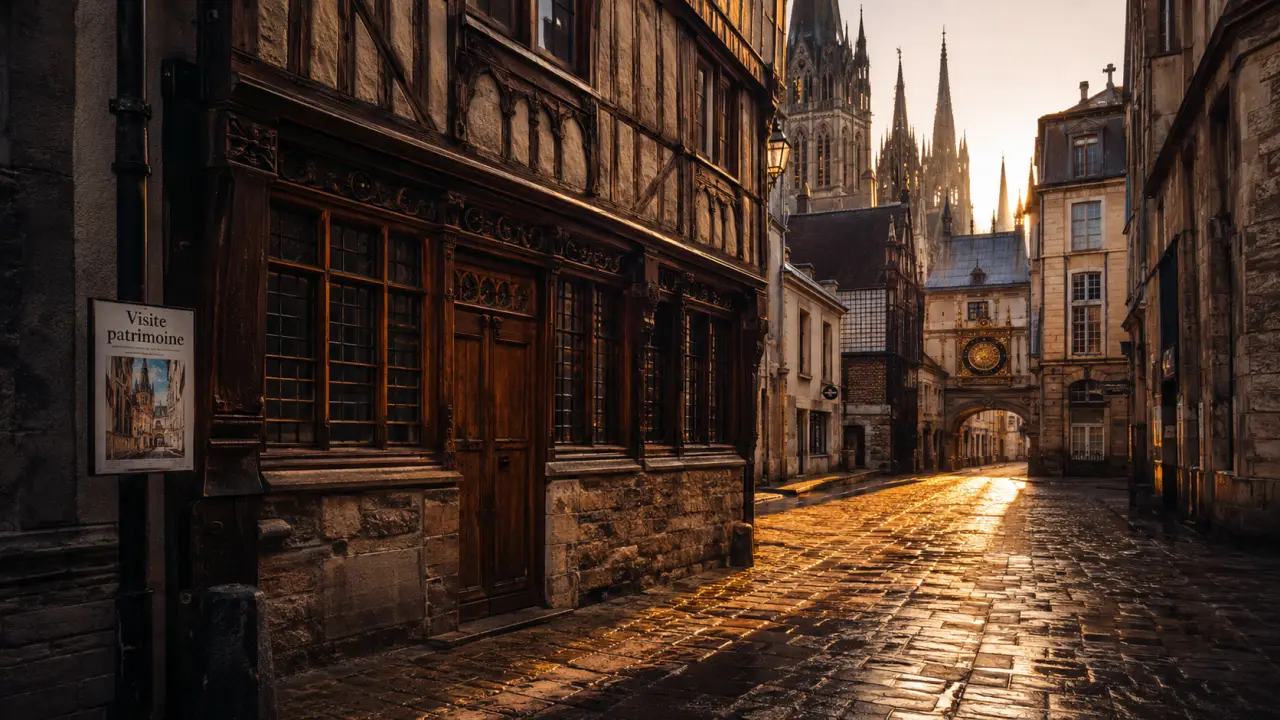 Visite patrimoine Rouen : vue cathédrale et Gros-Horloge depuis une ruelle