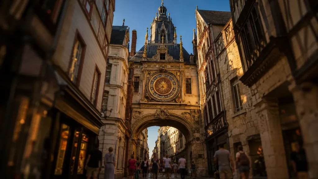 Visiter gros horloge Rouen : Gros-Horloge et beffroi gothique, vue grand angle