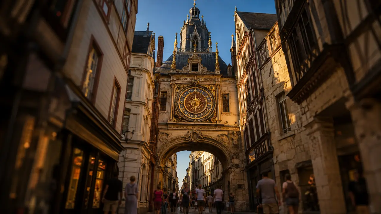 Visiter gros horloge Rouen : Gros-Horloge et beffroi gothique, vue grand angle